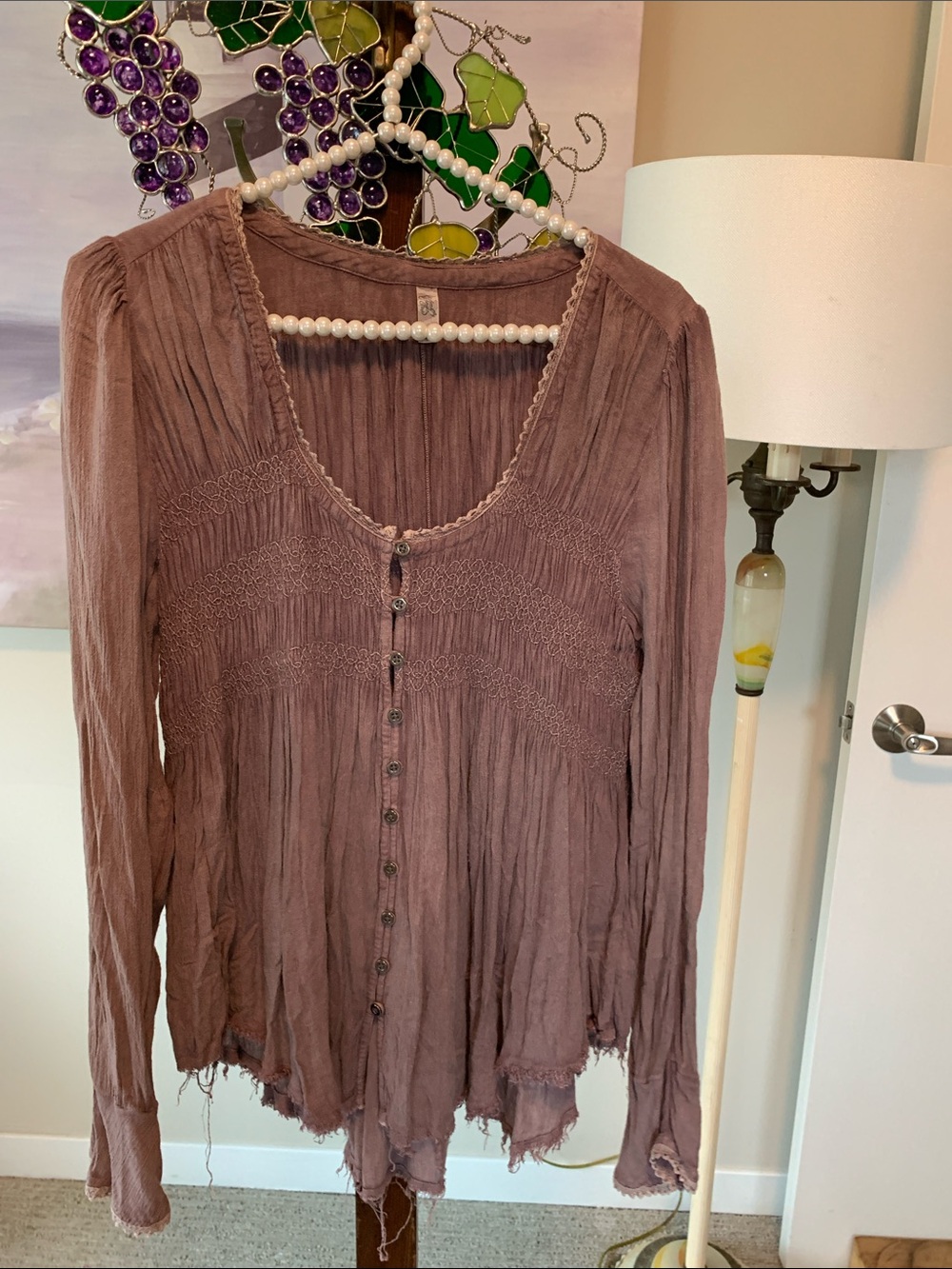 Vintage FREE PEOPLE Light Eggplant Gauze Peasant Blouse Size SP